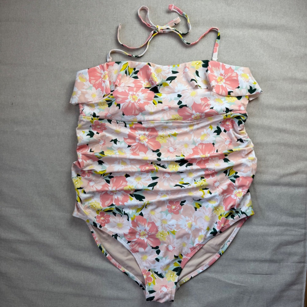 Isabel Maternity Pink Floral Ruffle One Piece Swimsuit XL Halter Ruched